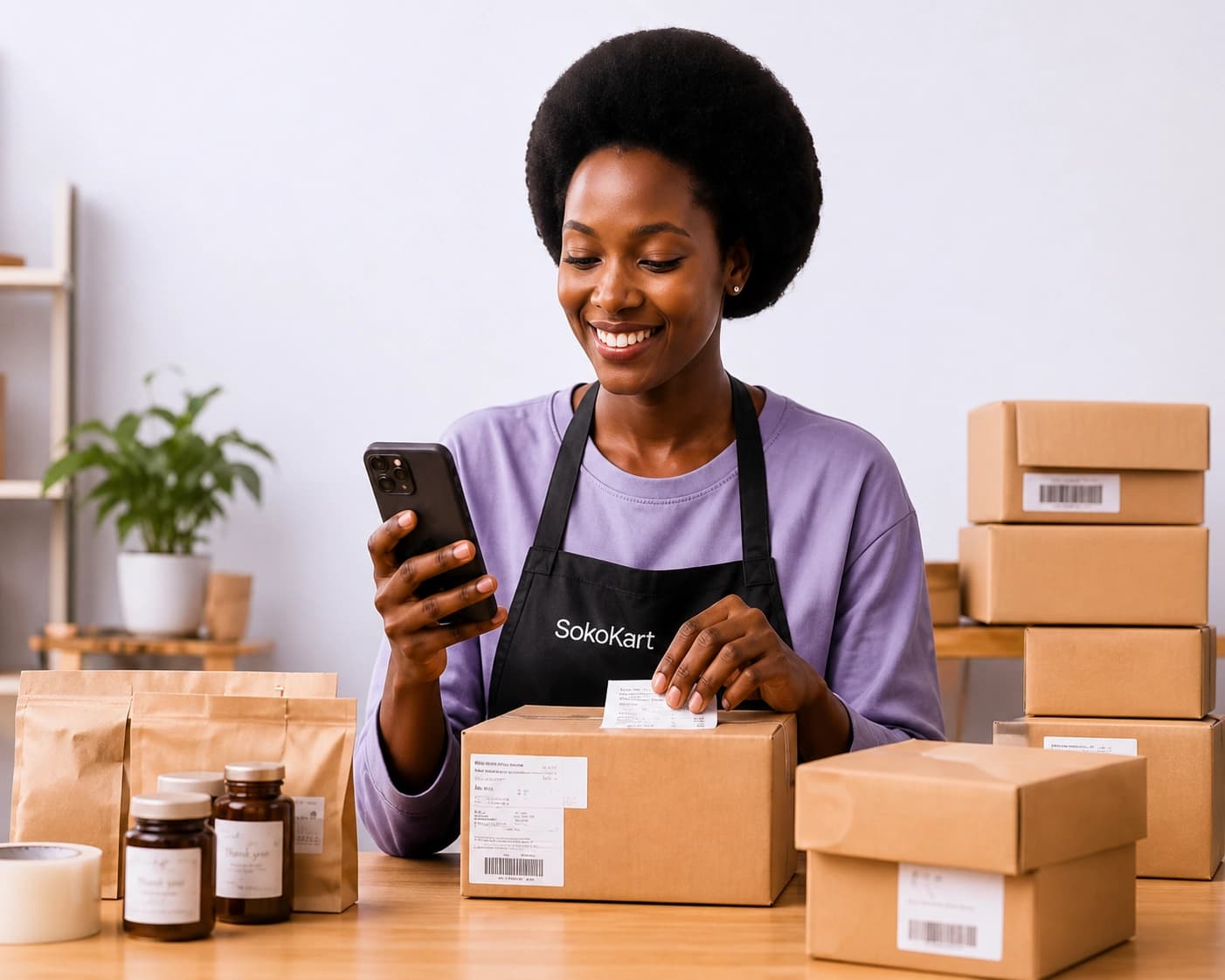Entrepreneure africaine gérant sa boutique SokoKart