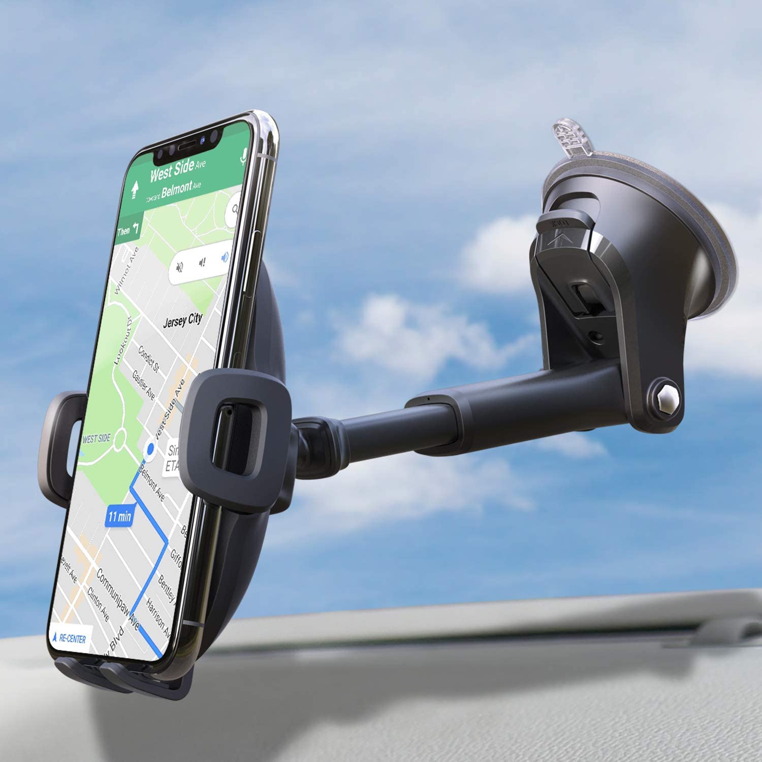 Car Mobile Phone Holder Windshield Mount with Dashboard Base and Long Arm  Universal Phone Stand